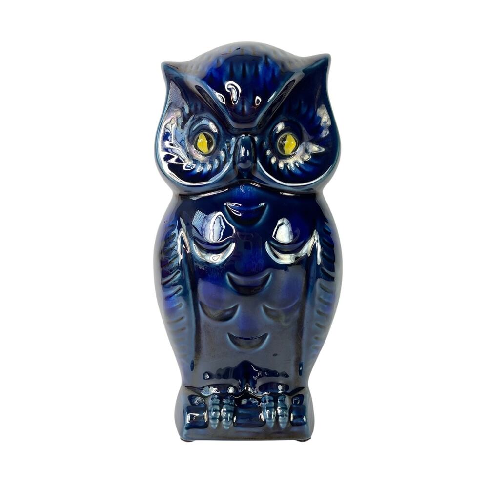 Lucky Brand Blue Owl Ceramic Owl Coin Bank Bird Glass Eyes 8.5" Tall